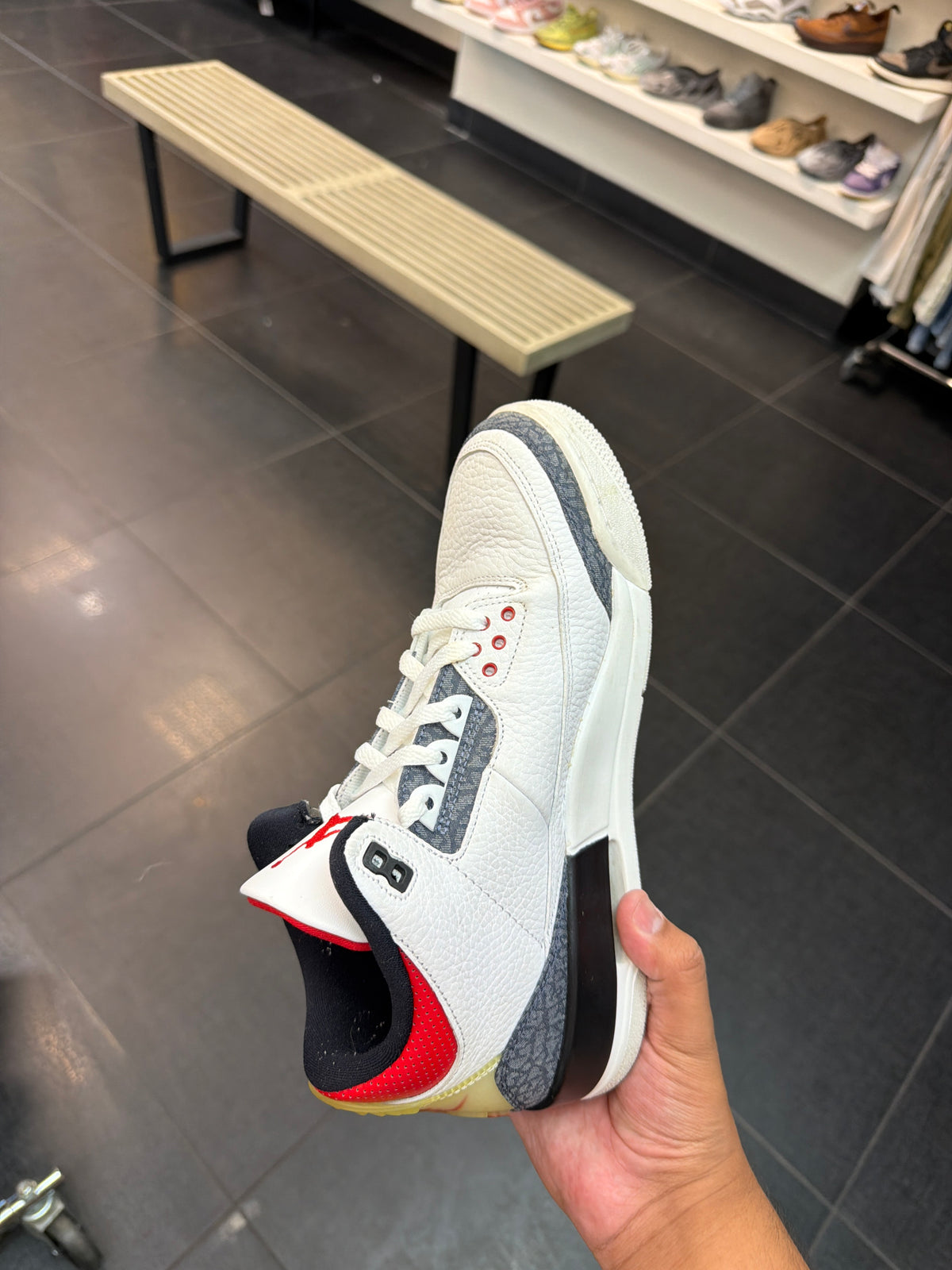 J3 Fire Red Denim (Size 9)