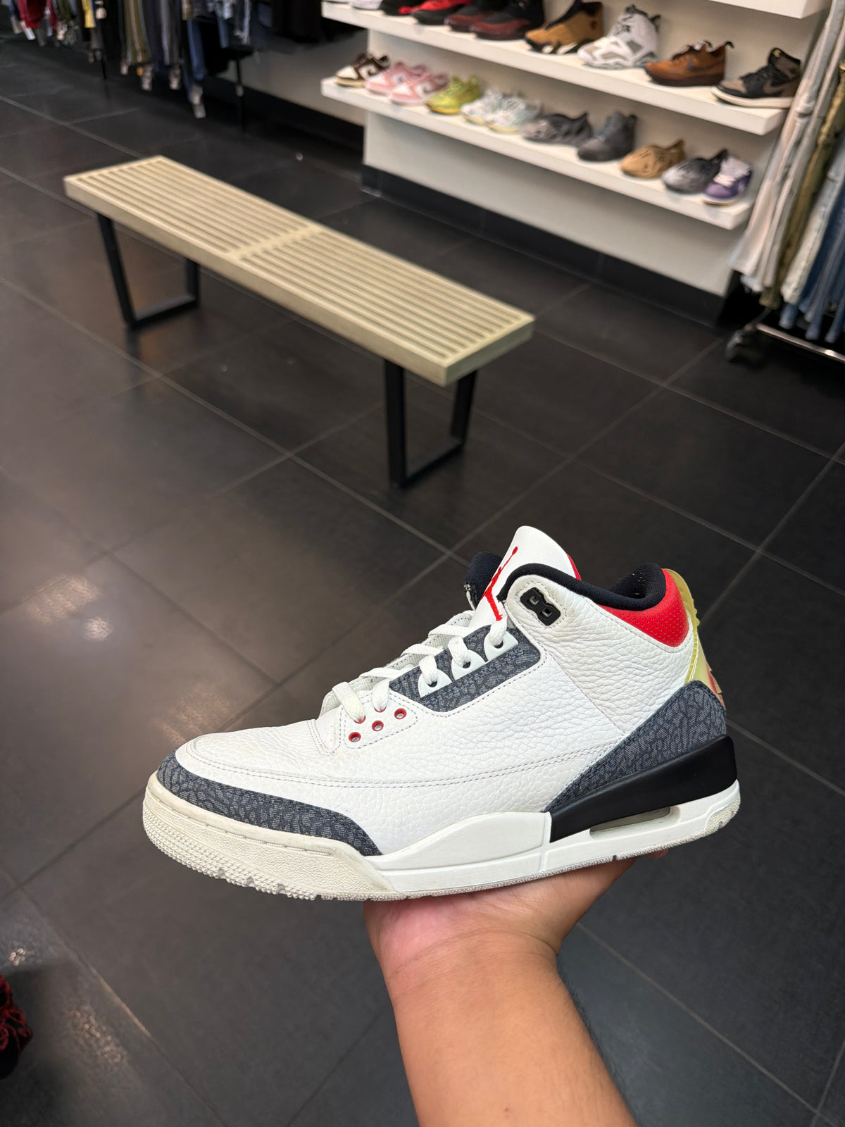 J3 Fire Red Denim (Size 9)