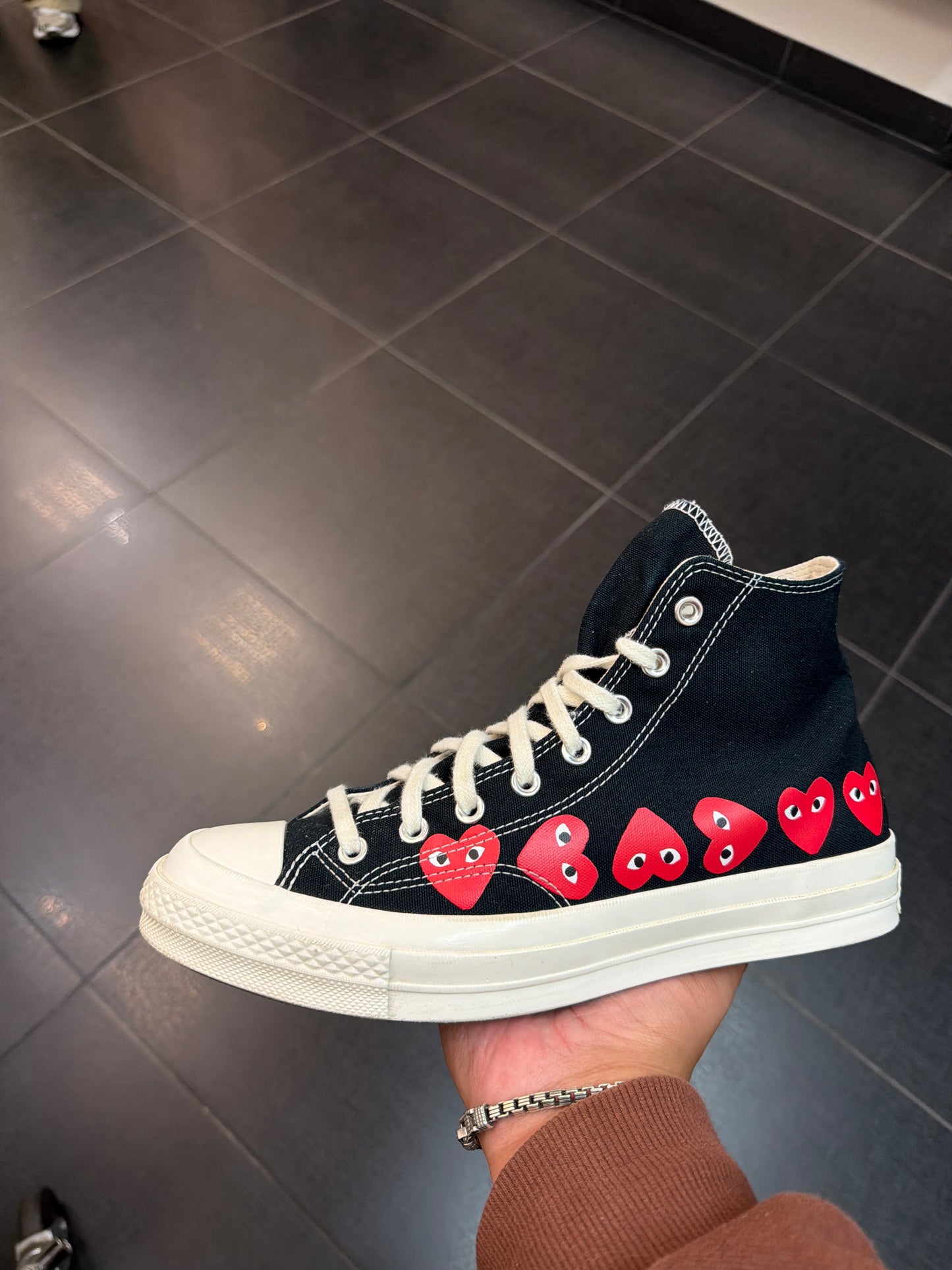 CDG Converse Black Hearts (Size 10)